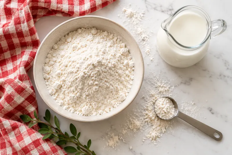 Flour in a bowl, a measuring spoon and a glass jug of milk on a bright kitchen counter
